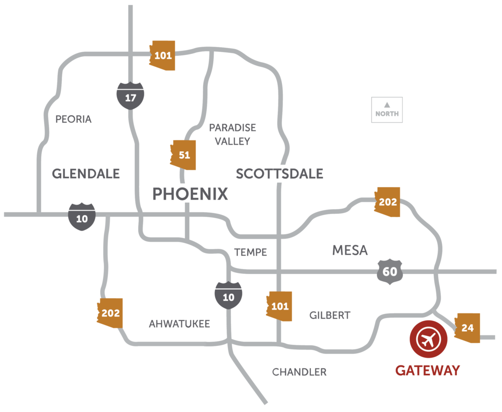 Map of the Phoenix metro area showing Gateway Airport in the southeast, near Mesa and Gilbert